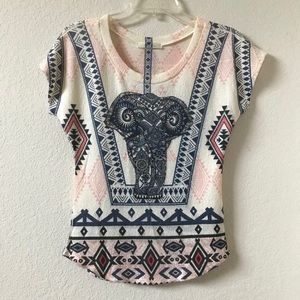 Gaze USA 90s Boho Elephant Print Knit Top Size XS